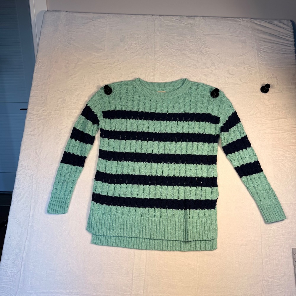 Pilcro Anthropologie Mint Navy Striped Cable Knit Sweater Crewneck Size M